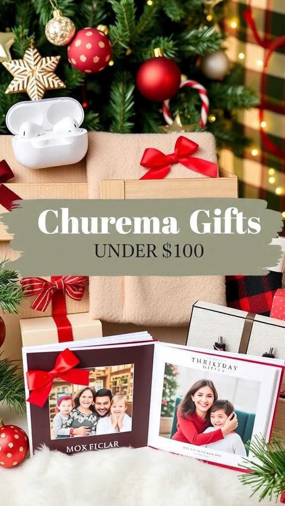 A collection of Christmas gifts under $100, featuring tech gadgets and cozy items, surrounded by festive decorations.